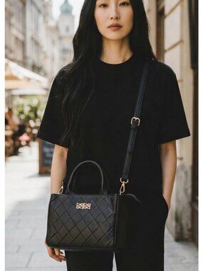 Bebe Quilted Satchel Bag Black Gold Hardware Top Handle Crossbody NWT Work